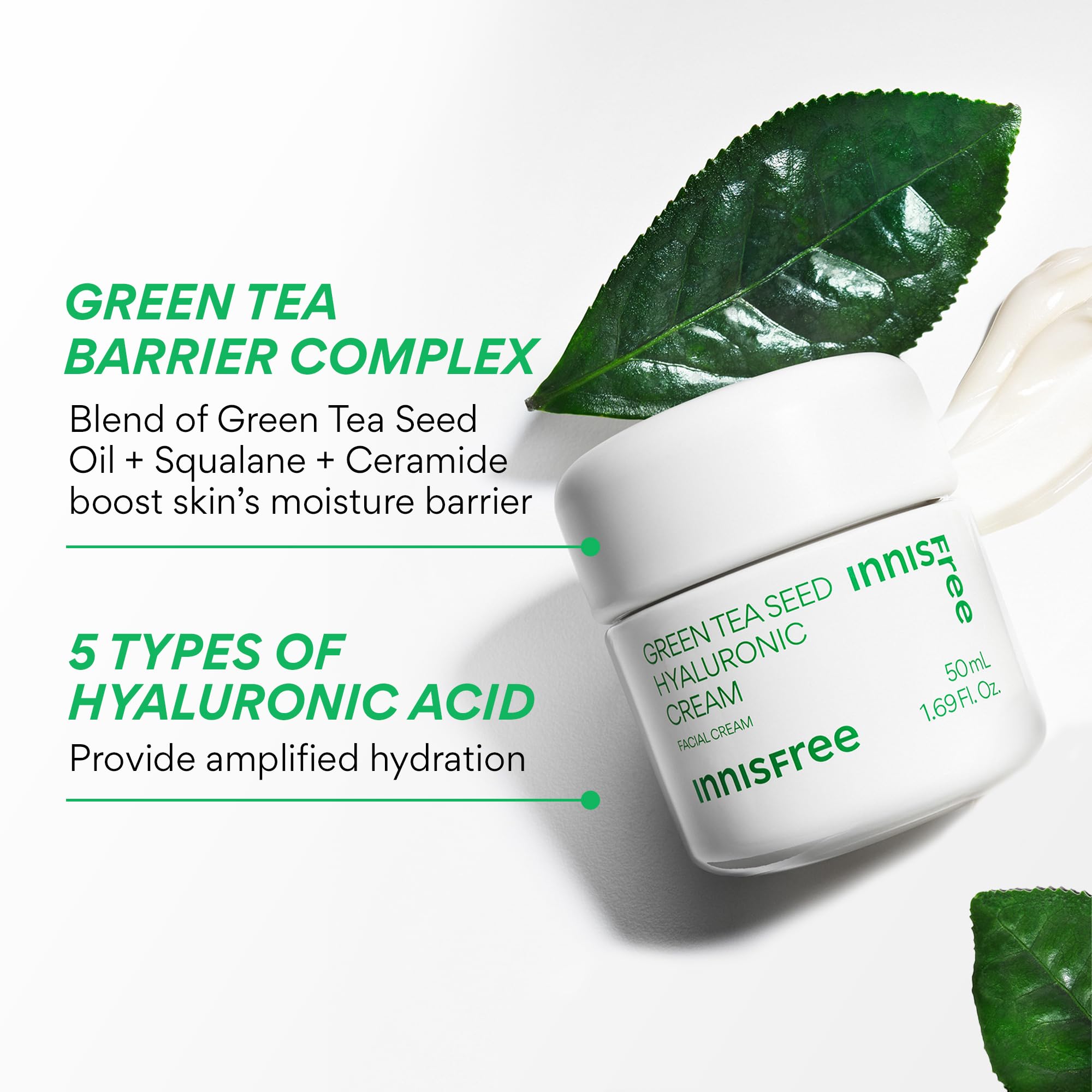 innisfree cream with green tea leaves emphasizing nourishing green tea benefit