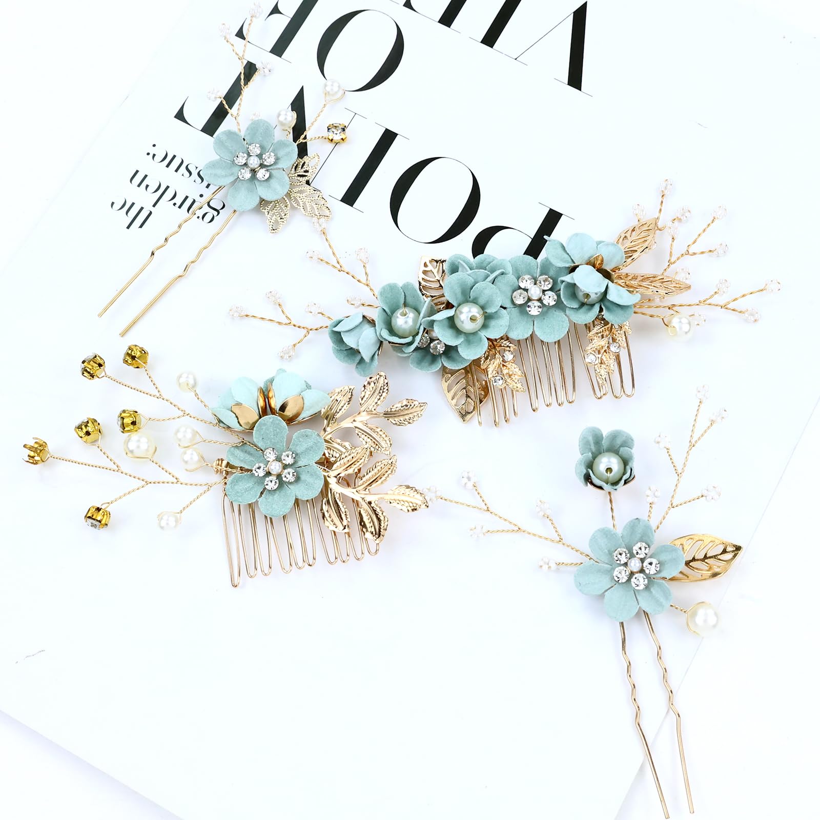 inSowni materials swatch of light green flowers and pearls, color coordination