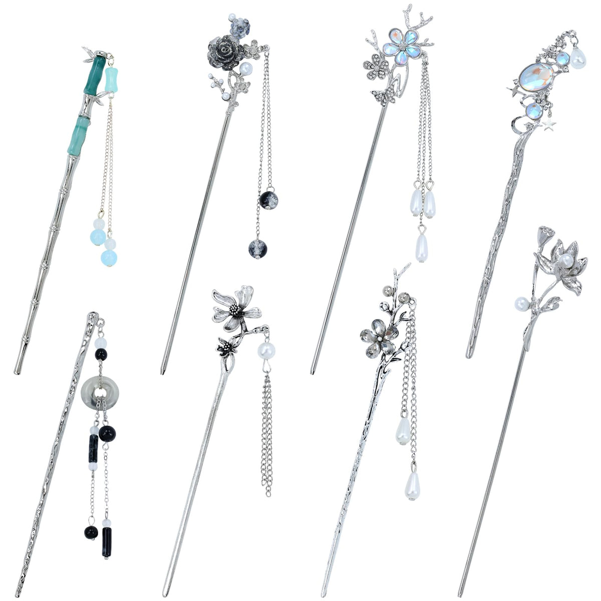 inSowni front view of the eight-piece silver hair sticks showing variety and style