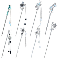 inSowni front view of the eight-piece silver hair sticks showing variety and style