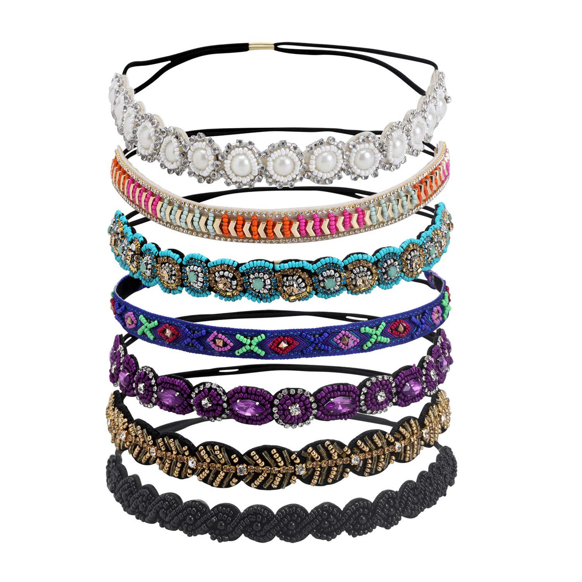 inSowni seven headbands front view showing colors and jewel accents for versatile styling