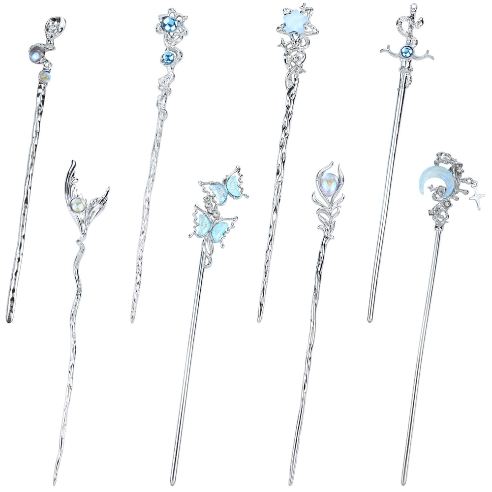 inSowni front view of eight silver hair sticks displaying motifs and polished finish for elegant hold
