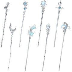 inSowni front view of eight silver hair sticks displaying motifs and polished finish for elegant hold