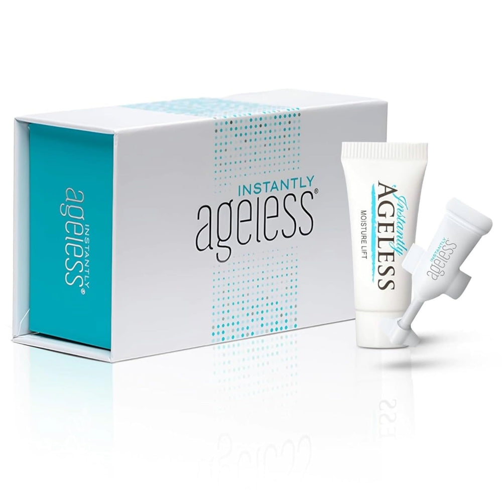 Instantly Ageless front packaging showing compact travel-ready vials and benefits