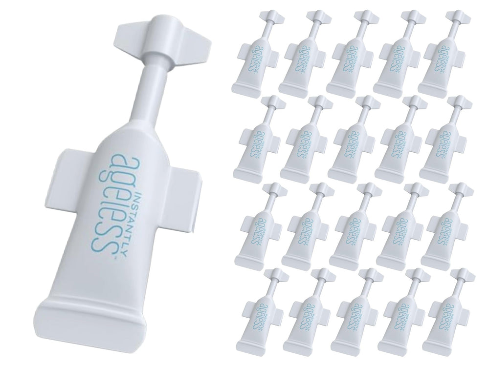 Instantly Ageless front vial packaging showing compact travel-ready box and vials for quick touch-ups