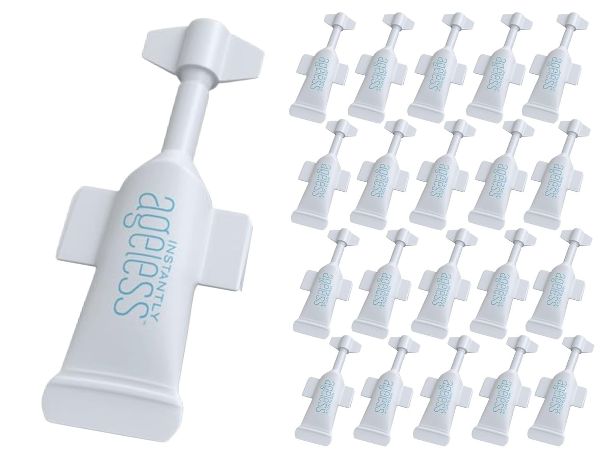 Instantly Ageless front vial packaging showing compact travel-ready box and vials for quick touch-ups
