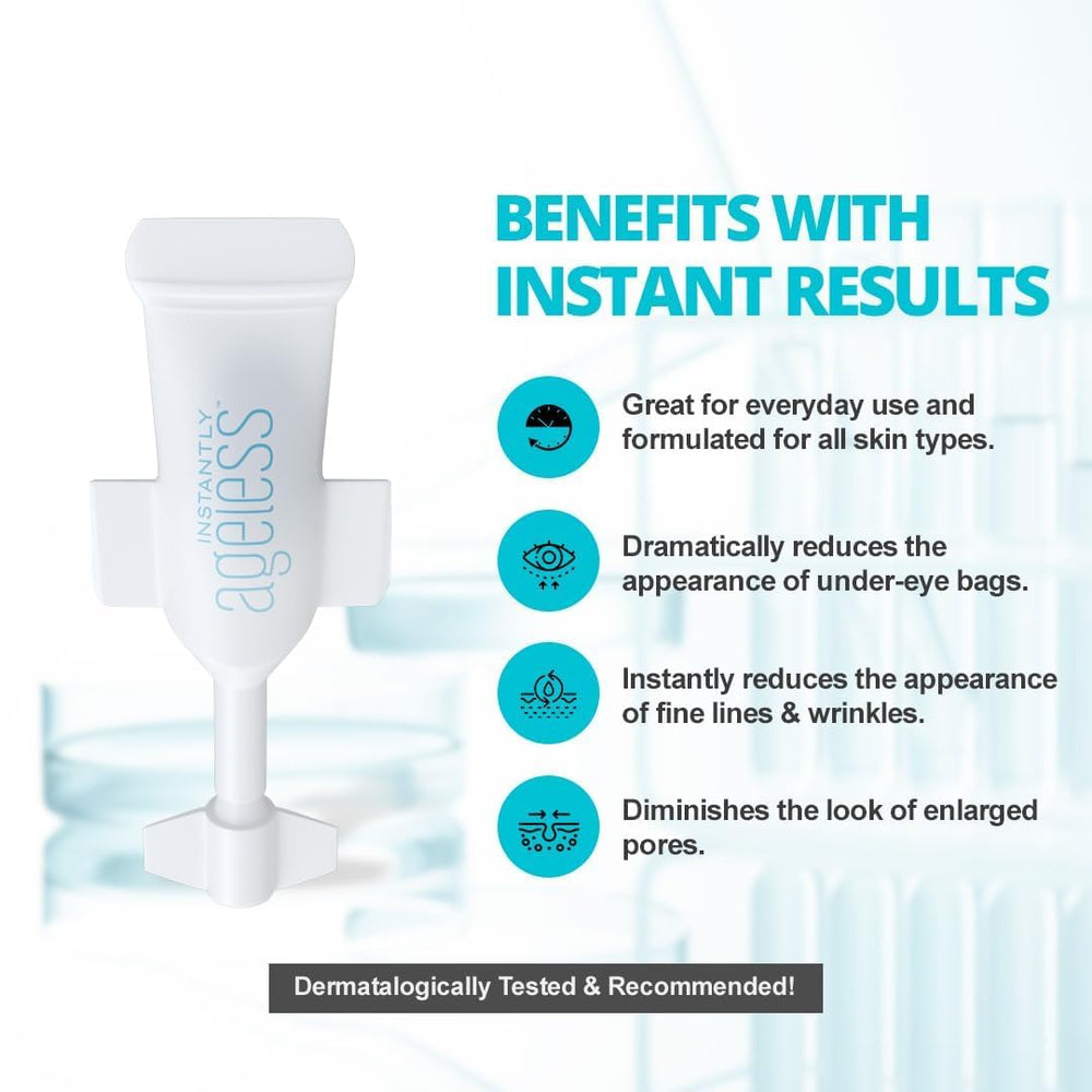 Instantly Ageless in hand for scale emphasizing small portable vials for travel