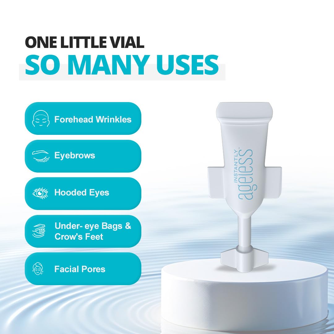 Instantly Ageless size scale next to coin to show compact vial portability for on-the-go use