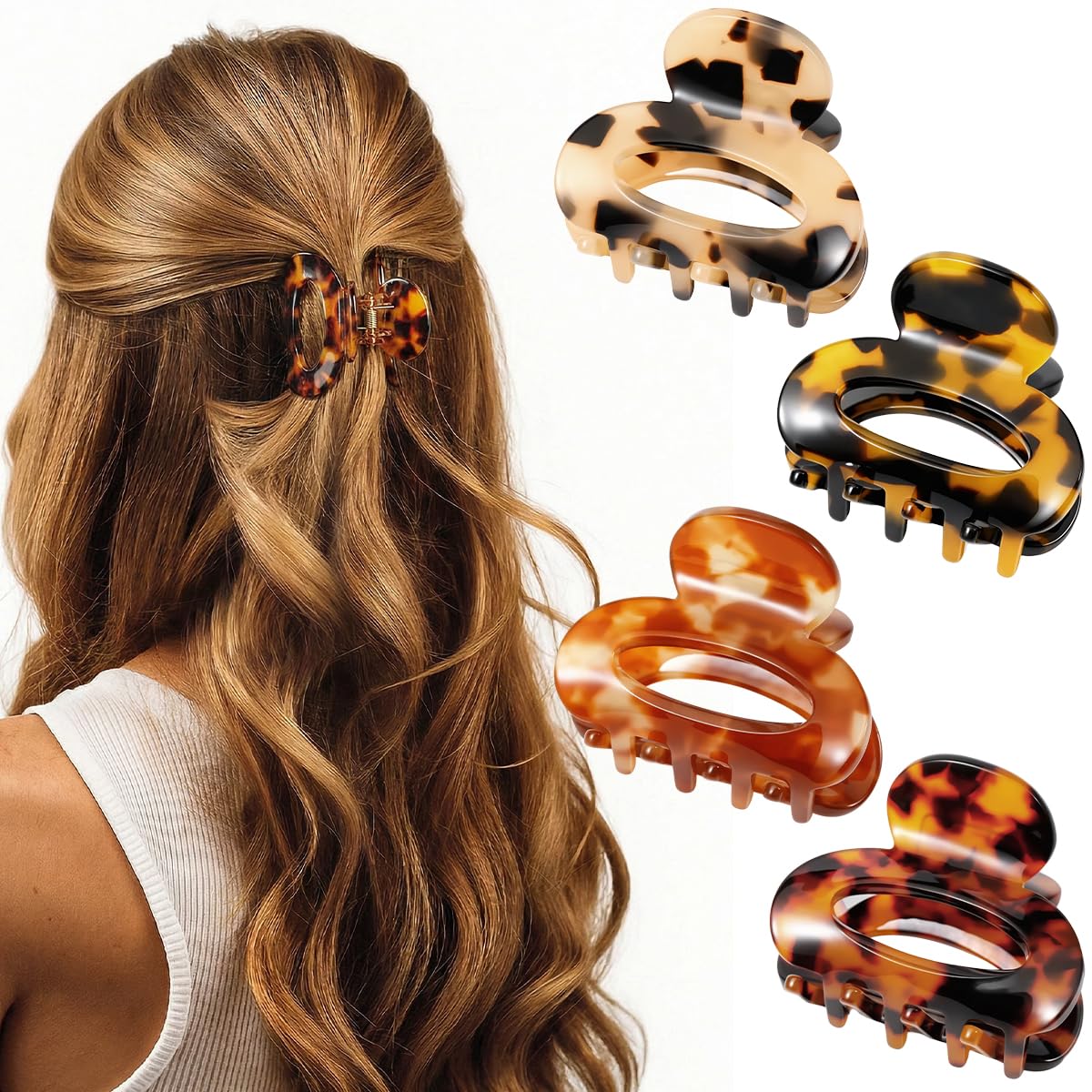 Interesse front packaging showing four mini acetate claw clips, stylish and ready