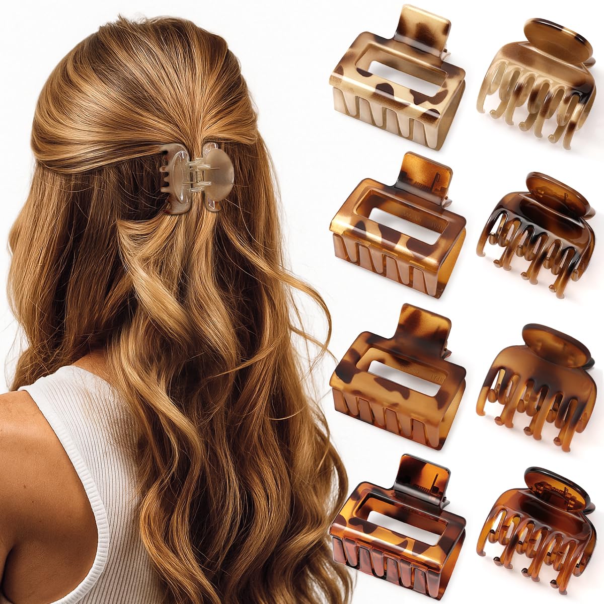 Interesse front view of tortoise clip set showing style and variety