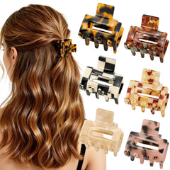 Interesse front view showing tortoise and leopard patterned mini clips for polished detail