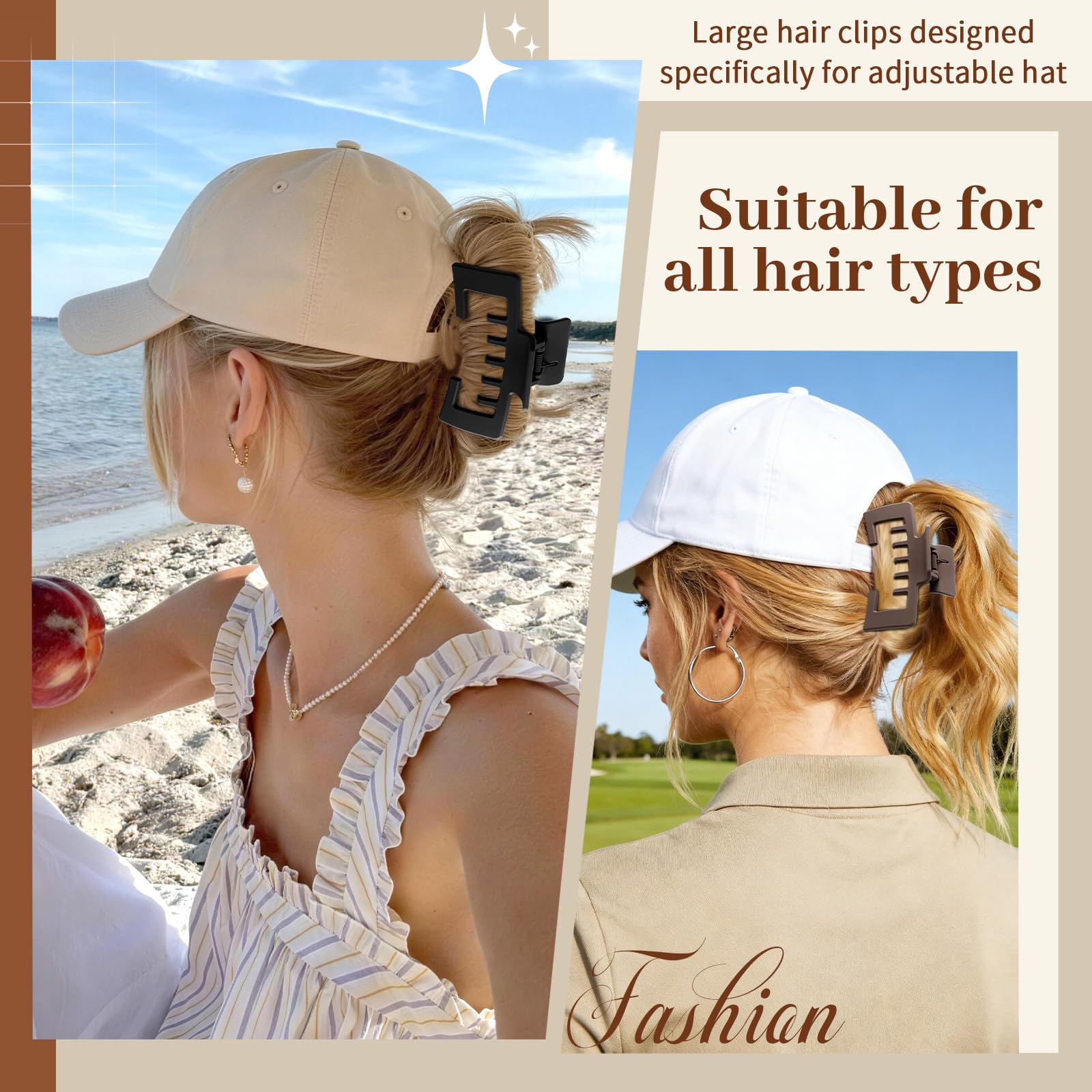 Interesse clip securing a ponytail under a baseball cap for stable all-day wear