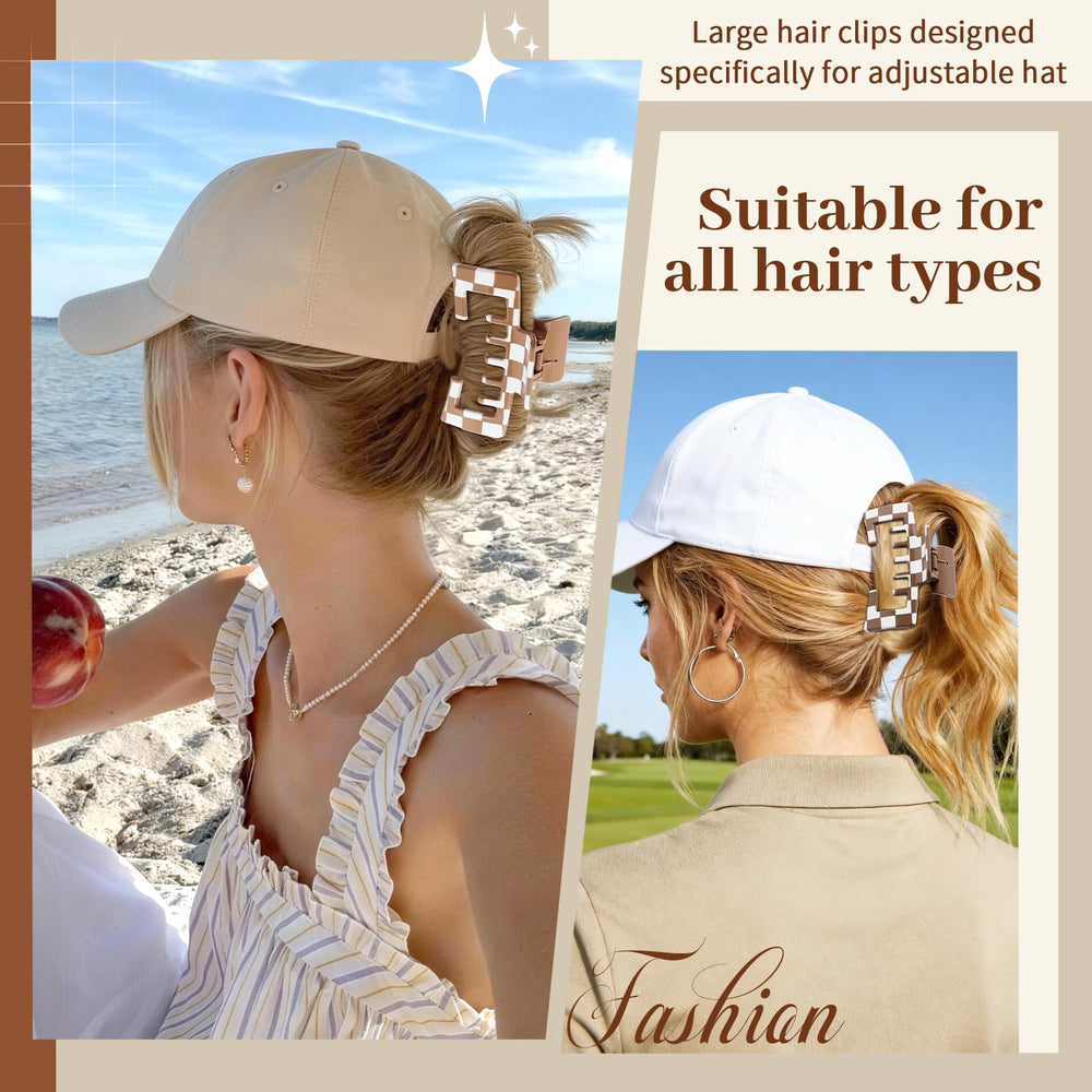 Interesse clip in use holding a high bun under a baseball cap during activity
