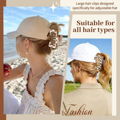 Interesse clip in use holding a high bun under a baseball cap during activity