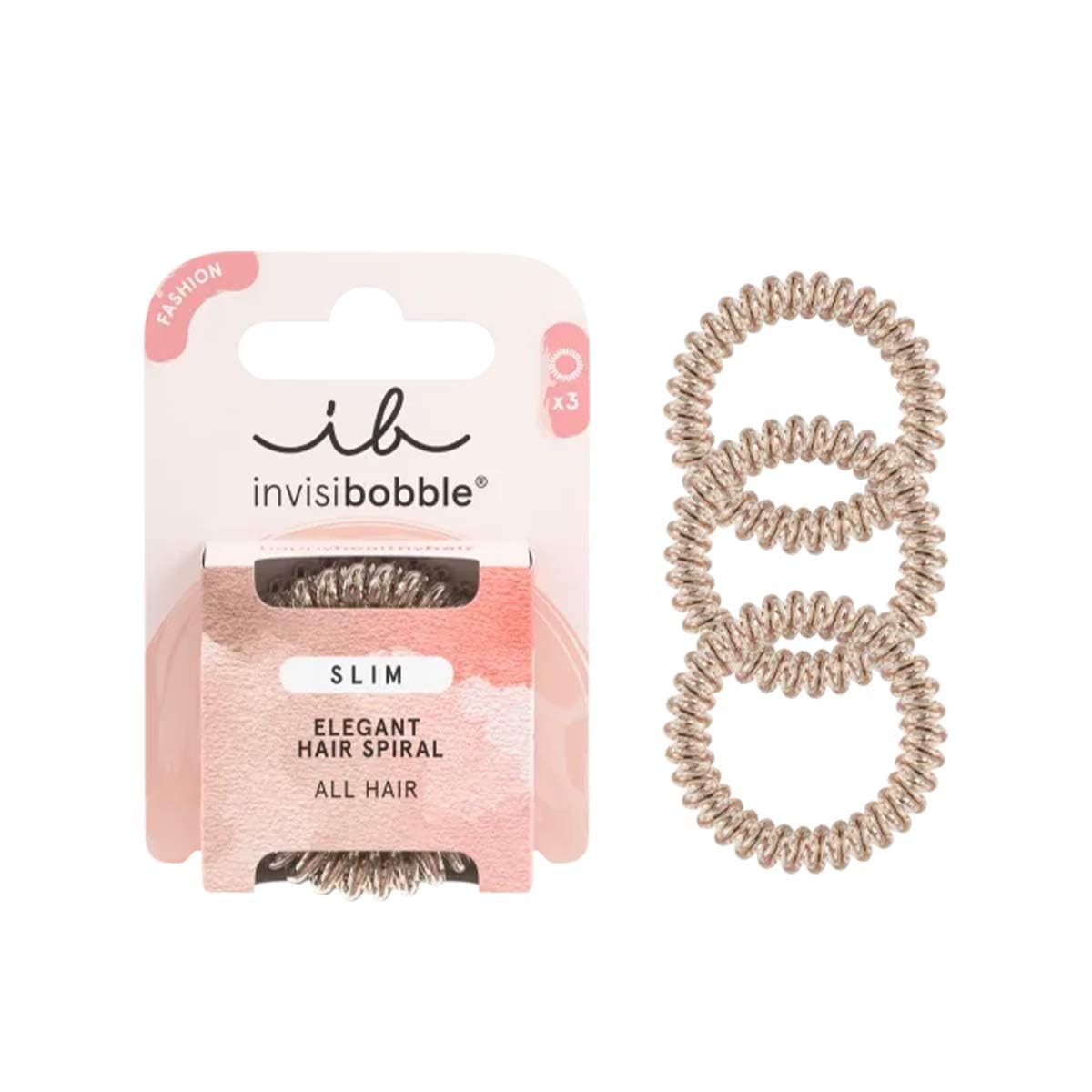 invisibobble Bronze Me Pretty front packaging showing elegant bronze spiral and product benefit