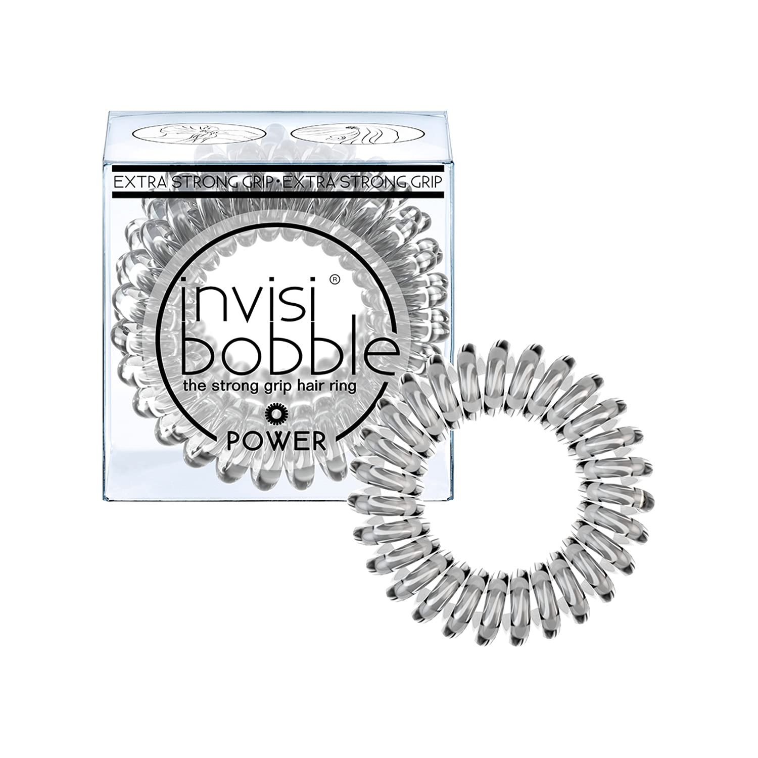 invisibobble front pack showing three crystal clear coils and product branding for strong hold
