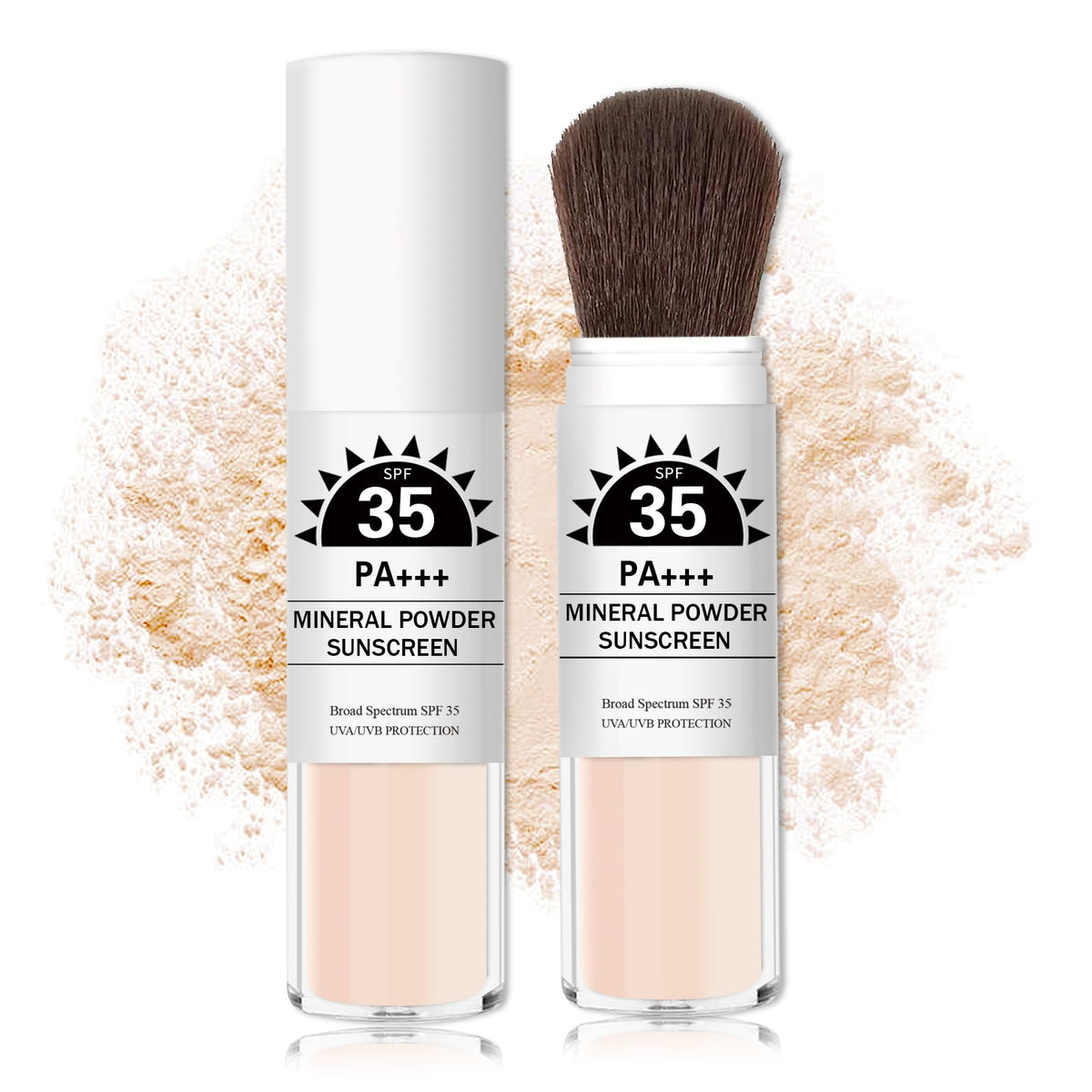 IONSGAKO front view of brush powder and cap showing portable design and quick SPF benefit
