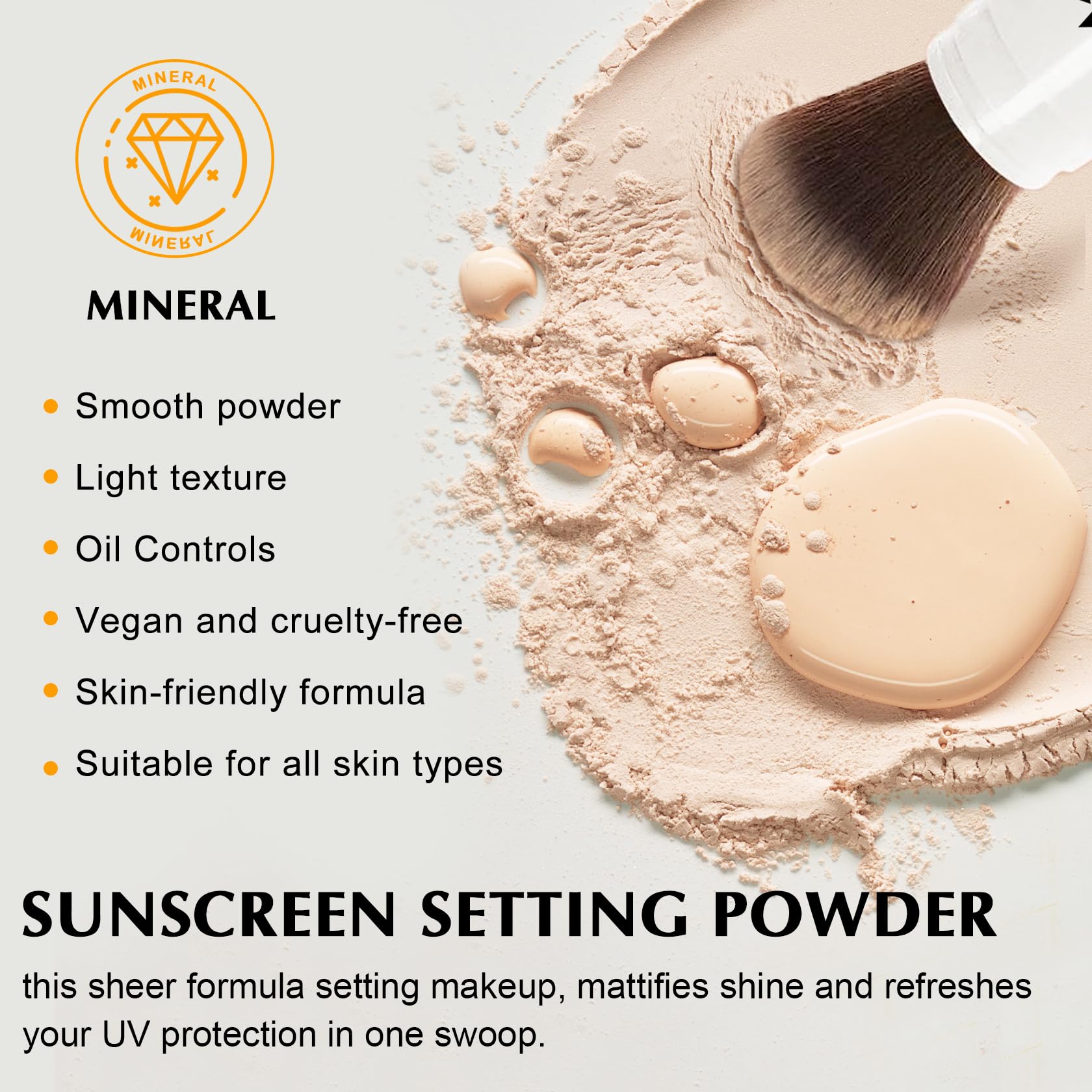 IONSGAKO powder texture macro view, finely milled minerals for lightweight matte control