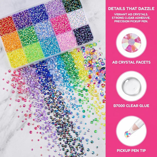 Iovsnim close-up of 15-color rhinestone selection for gradient creativity