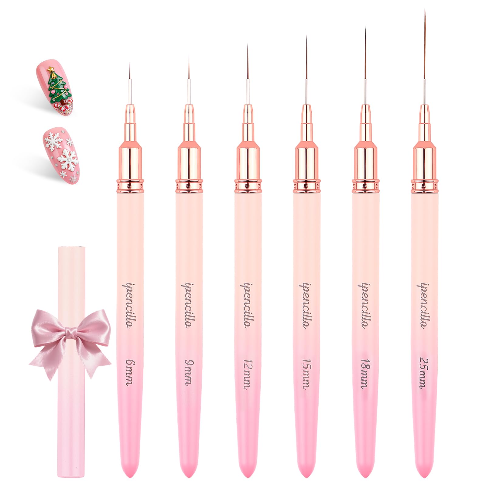 IPENCILLO front view of six pink liner brushes showing size range and organized layout for easy selection