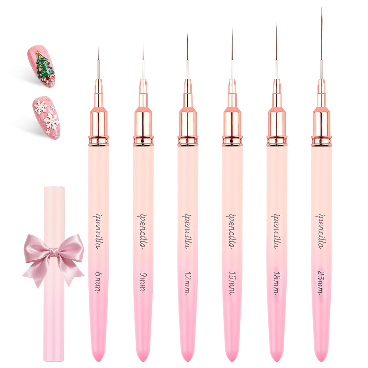 IPENCILLO front view of six pink liner brushes showing size range and organized layout for easy selection