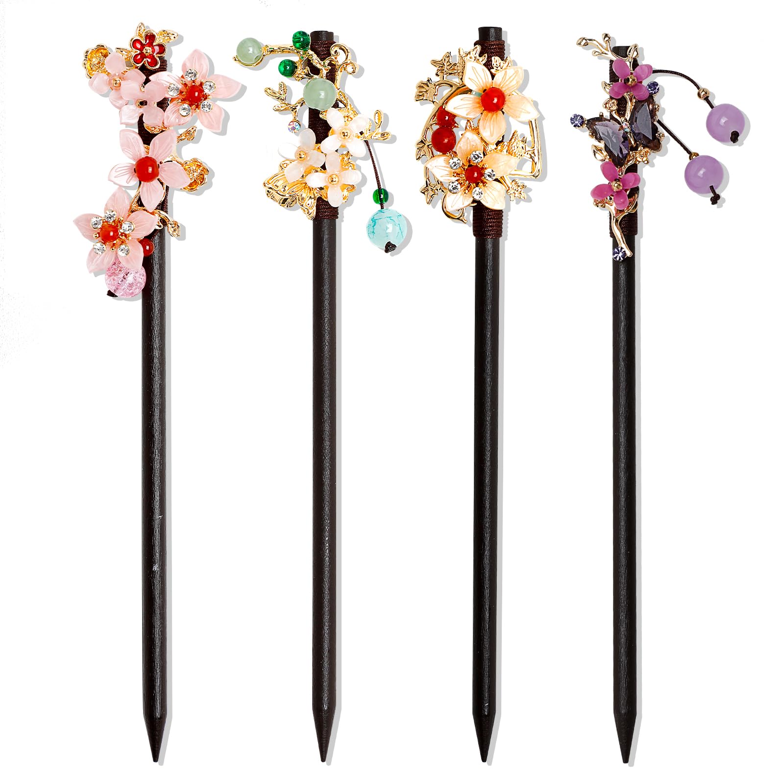 Ipercox wooden hair sticks front view showing four floral styles and decorative appeal