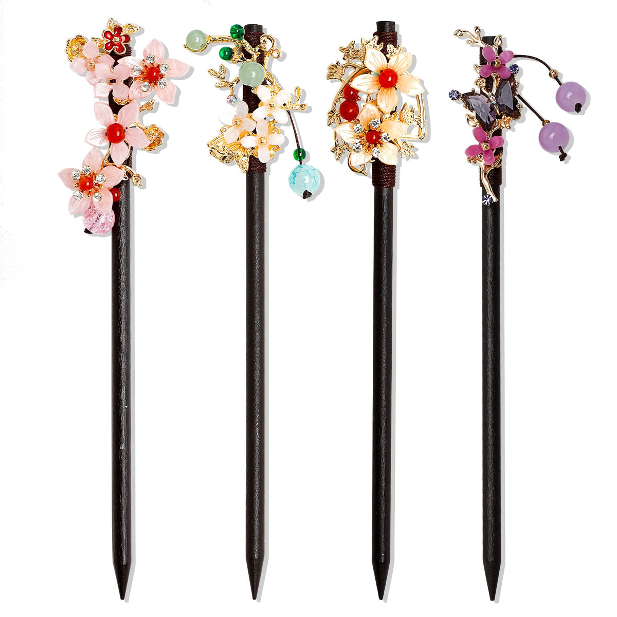 Ipercox wooden hair sticks front view showing four floral styles and decorative appeal