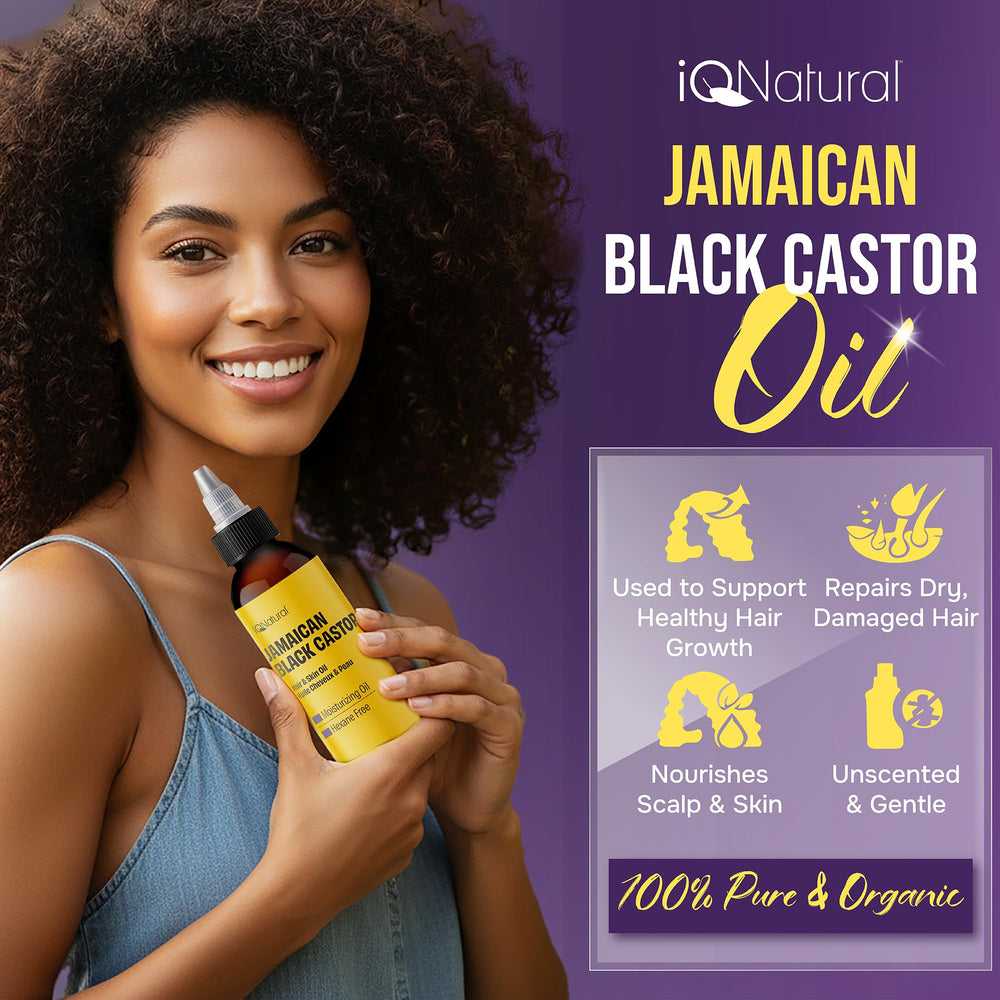 IQNATURAL close-up pour of thick castor oil showing texture and richness