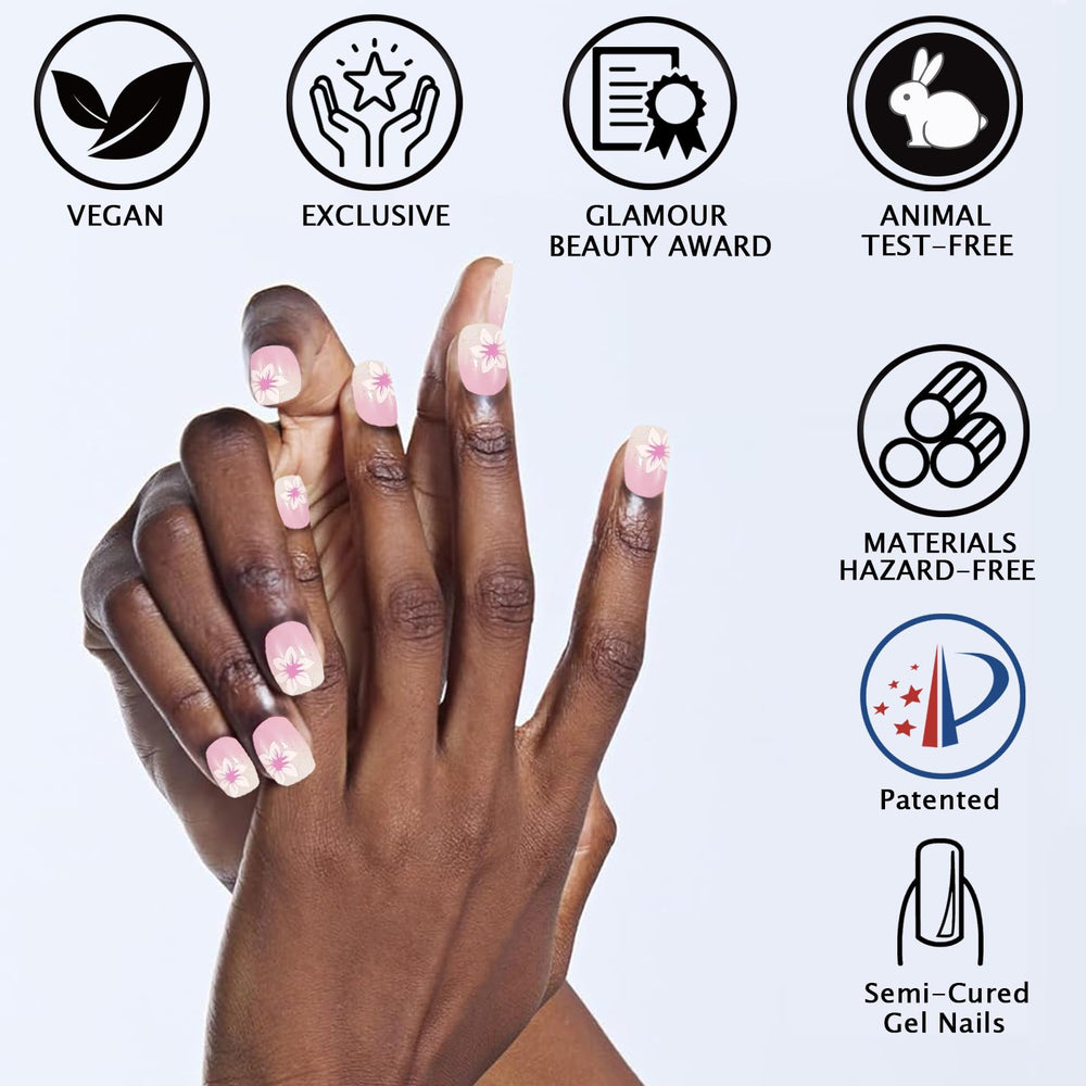 IQXGE applied on model hand showcasing finished glossy ombré nails for events