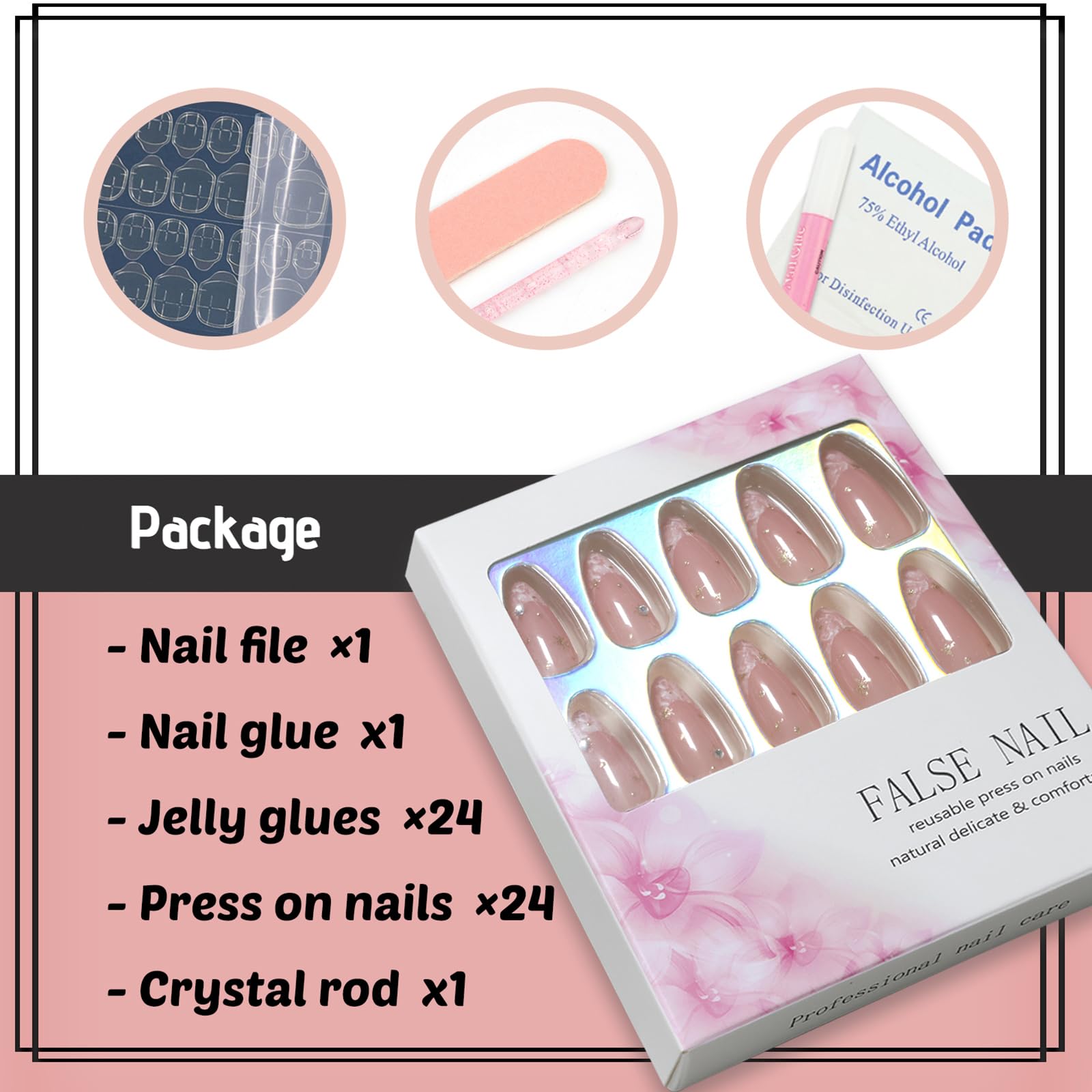 IQXGE kit contents laid out to show glue, file, pusher, and prep pads included