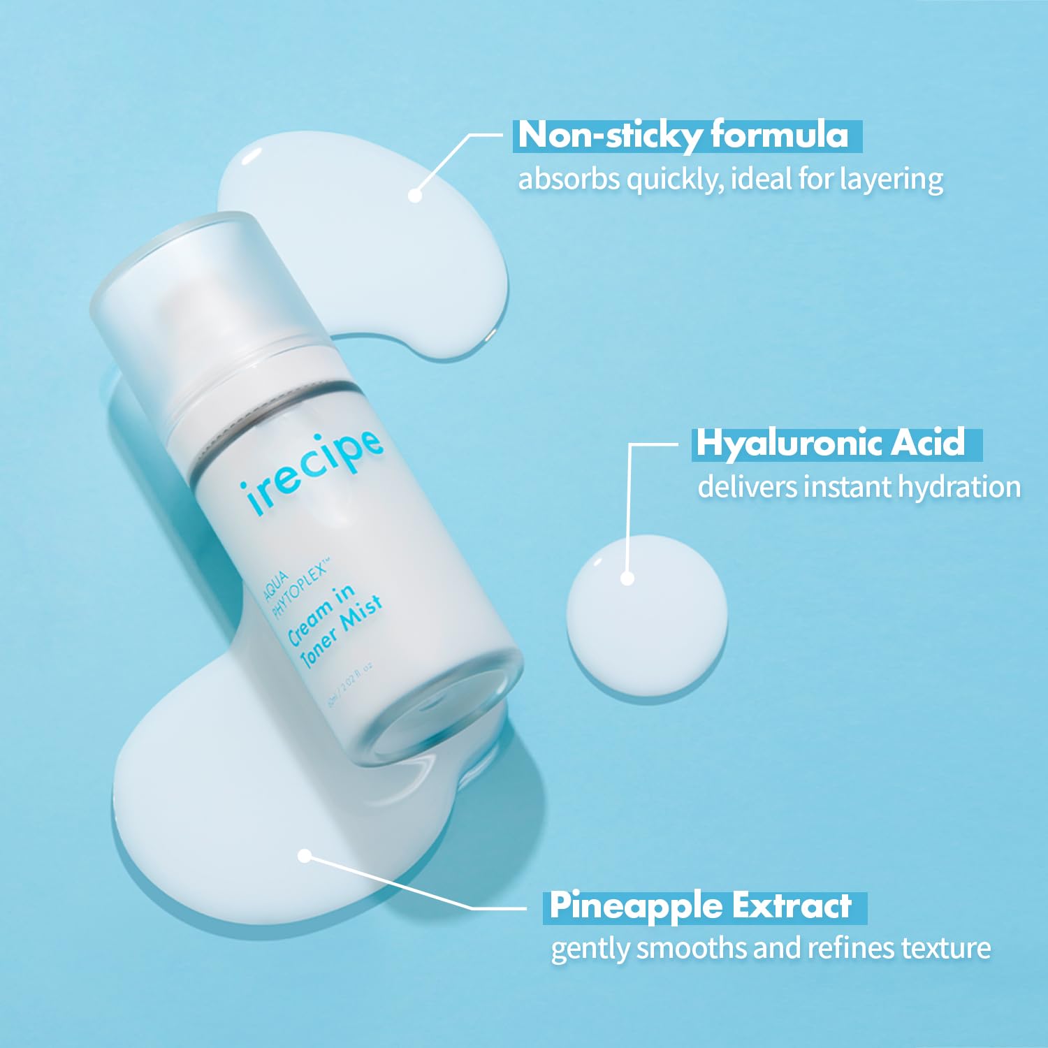 IRECIPE milky mist texture landing on skin for instant hydration