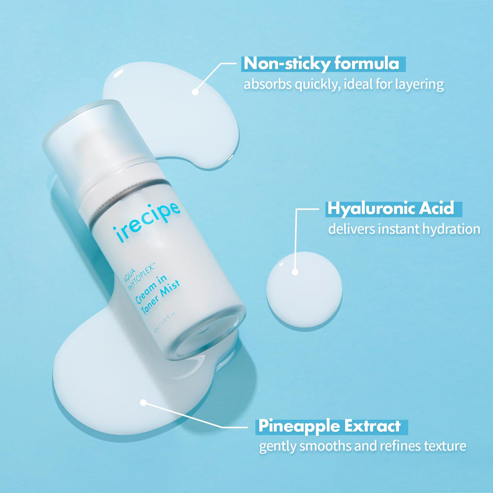 IRECIPE milky mist texture landing on skin for instant hydration