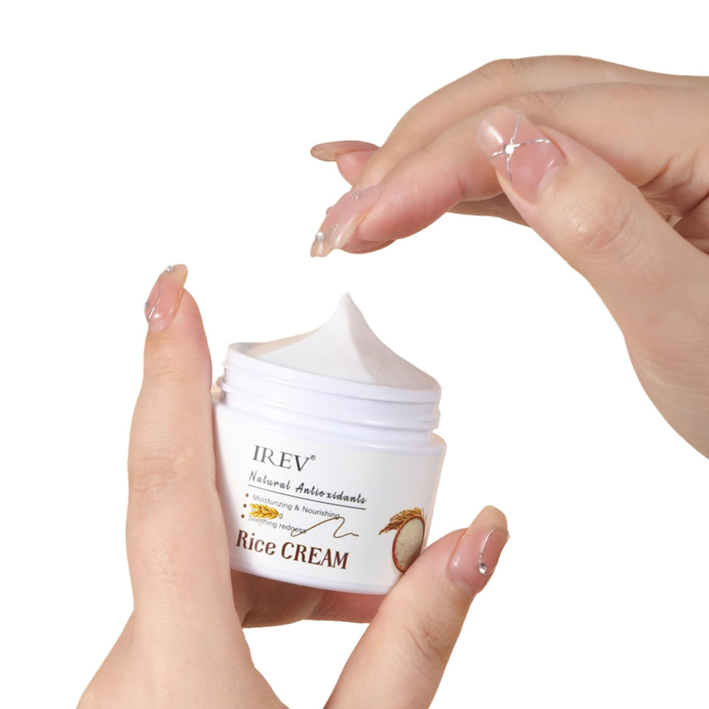 IREV 50g jar beside skincare bottle for size comparison and travel-friendly benefit