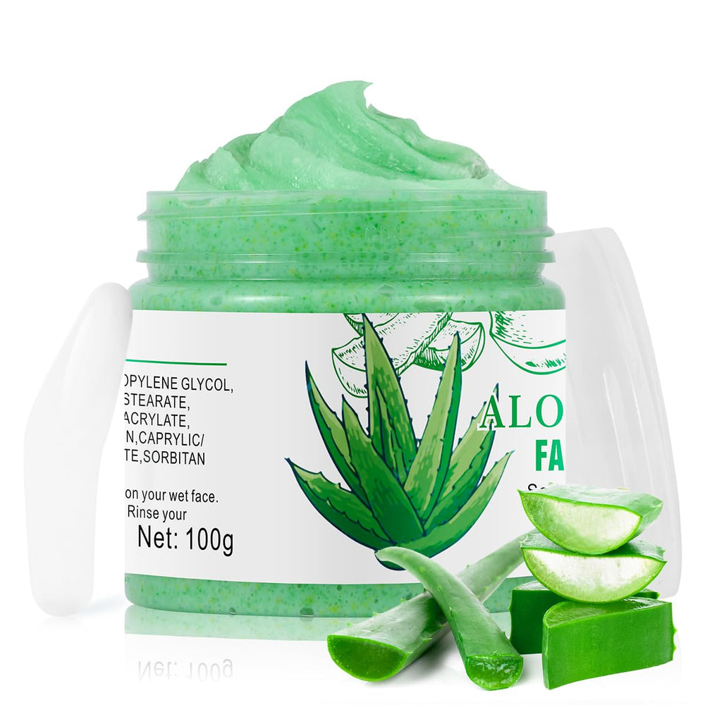 IREV aloe vera facial scrub front packaging showing product benefits and calming design