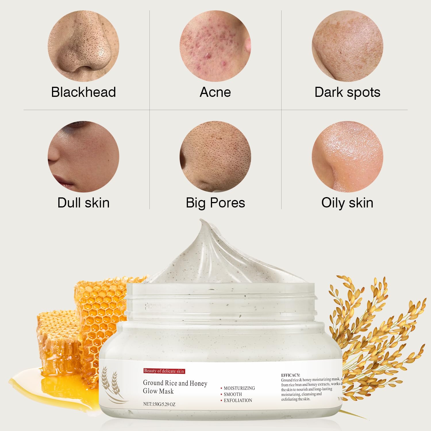 IREV rice grains and honey ingredients flatlay, communicates natural nourishment