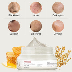 IREV rice grains and honey ingredients flatlay, communicates natural nourishment