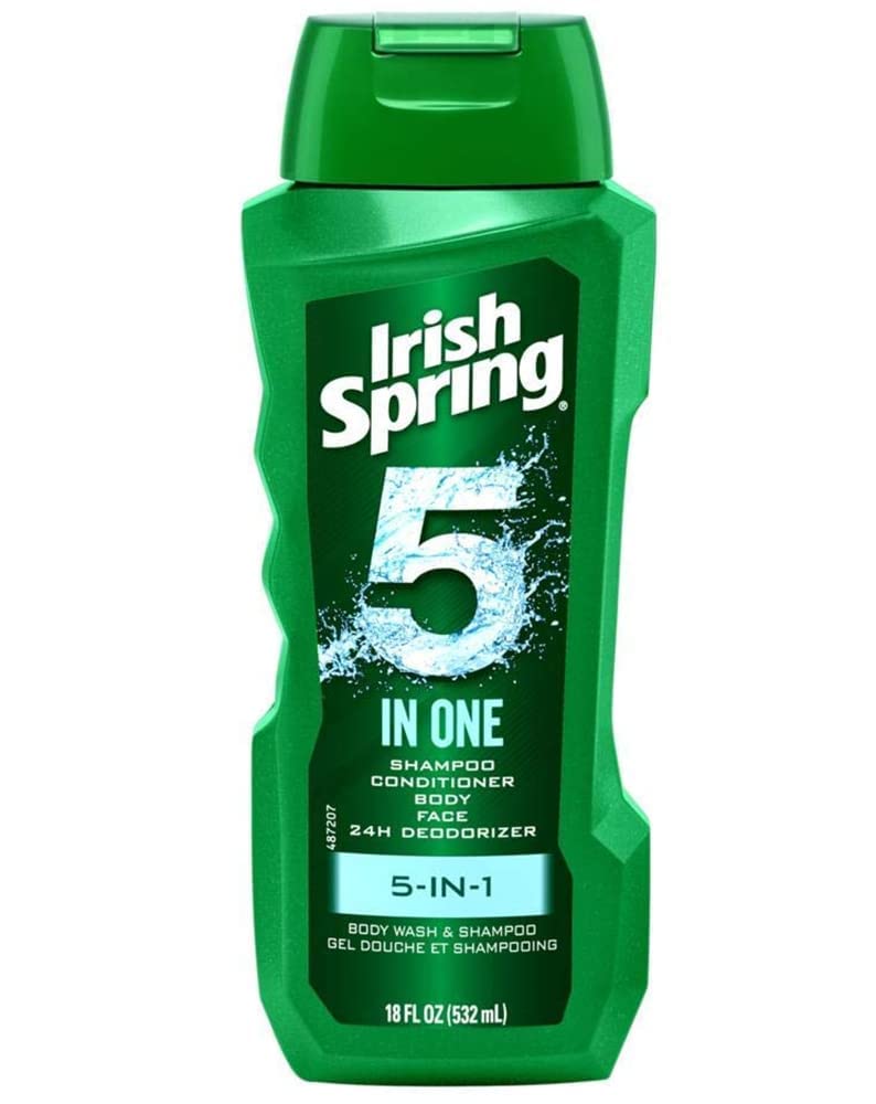 Irish Spring 5-in-1 front label showing bottle and fresh scent benefit