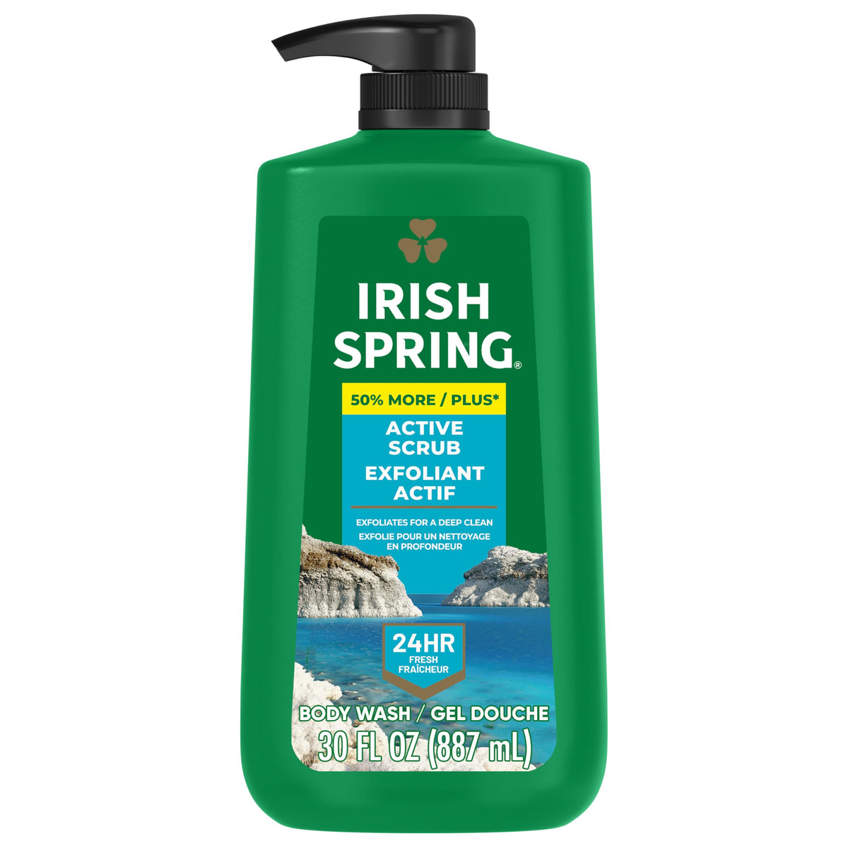 Irish Spring pump bottle front view showing cool fresh scent and large size benefit