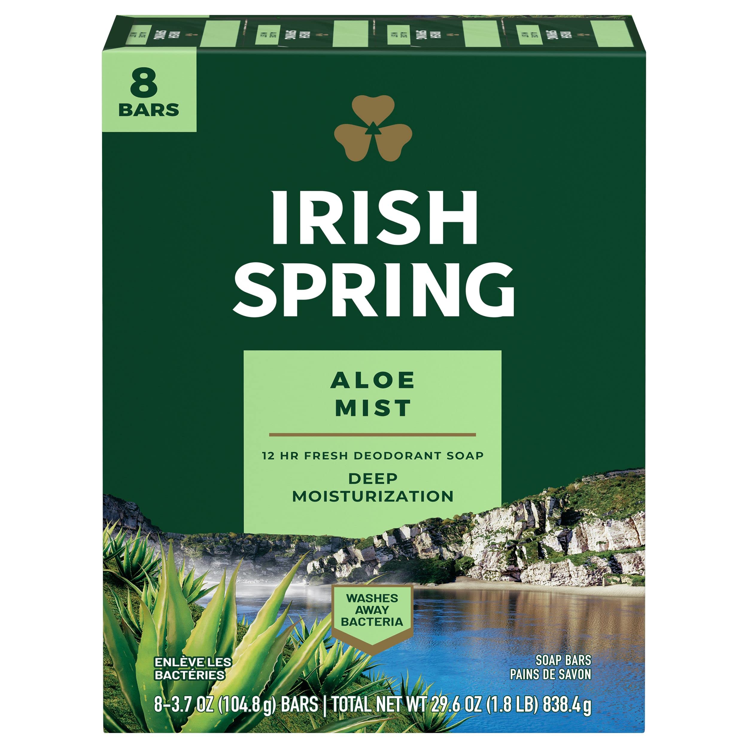 Irish Spring aloe front packaging showing eight bars for lasting freshness