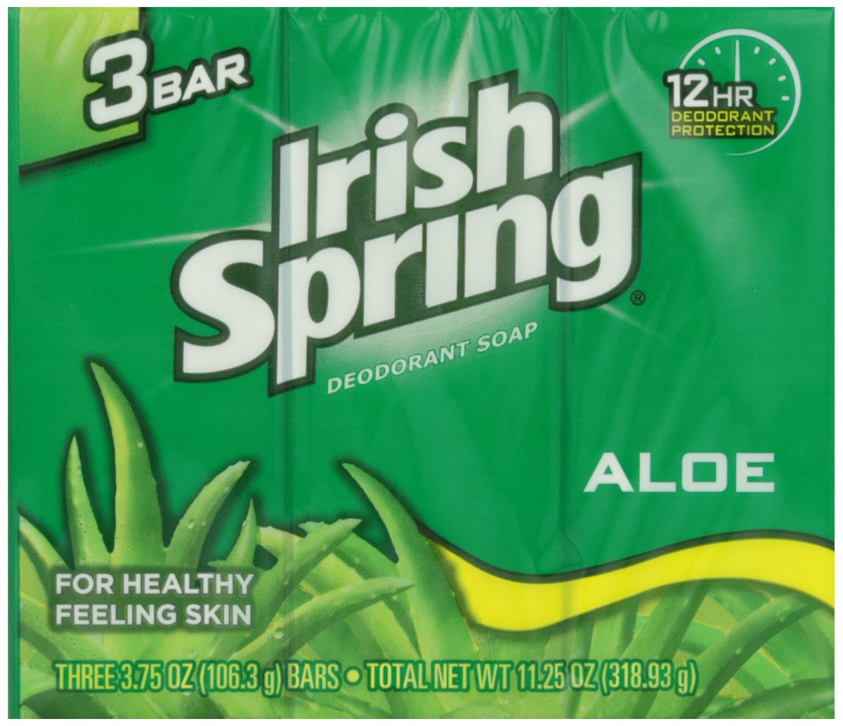 Irish Spring aloe front packaging showing three bars and clear labeling for freshness