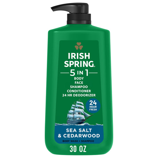 Irish Spring front packaging showing sea salt and cedarwood fragrance and benefit of long-lasting freshness