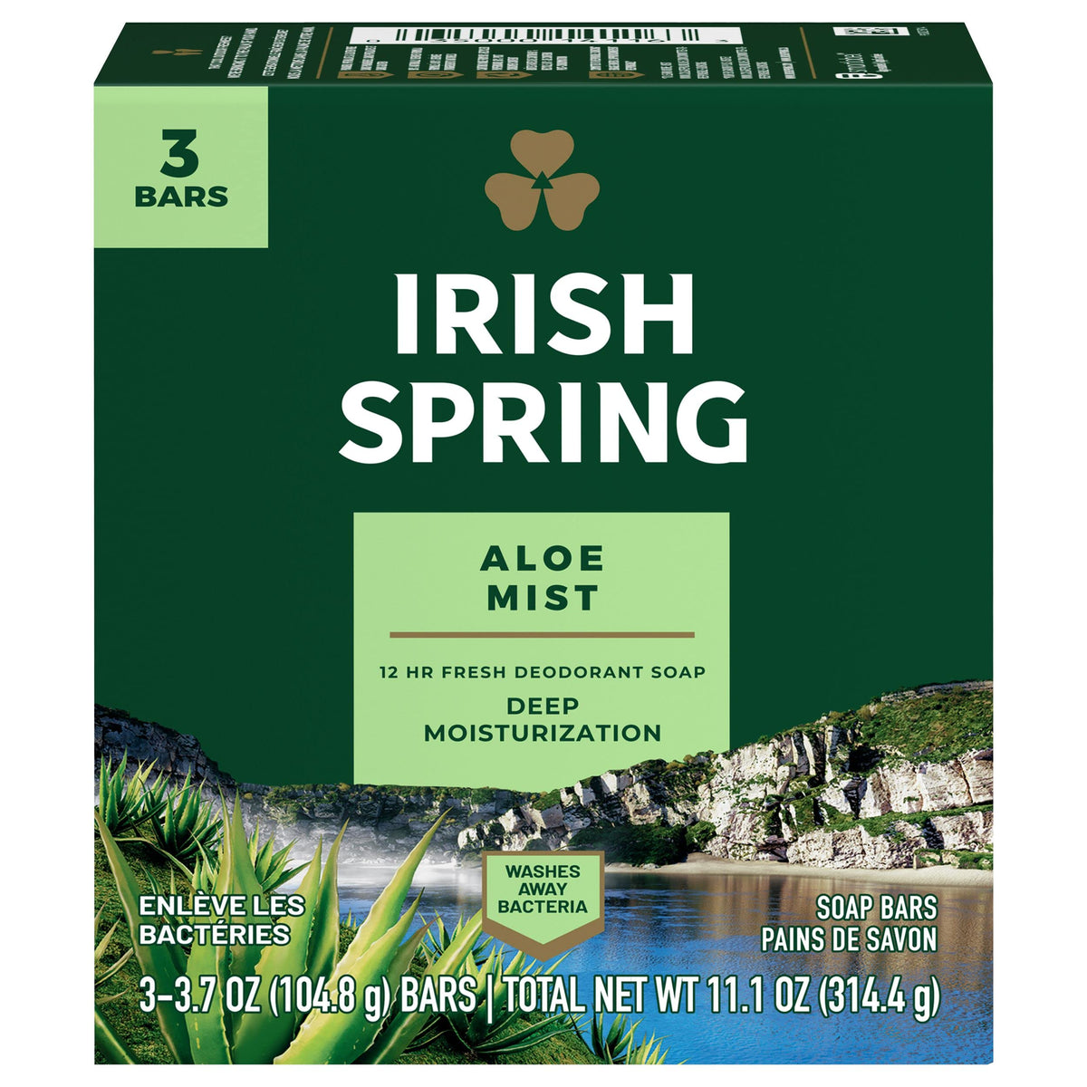 Irish Spring front packaging showing three bars and energizing scent benefit