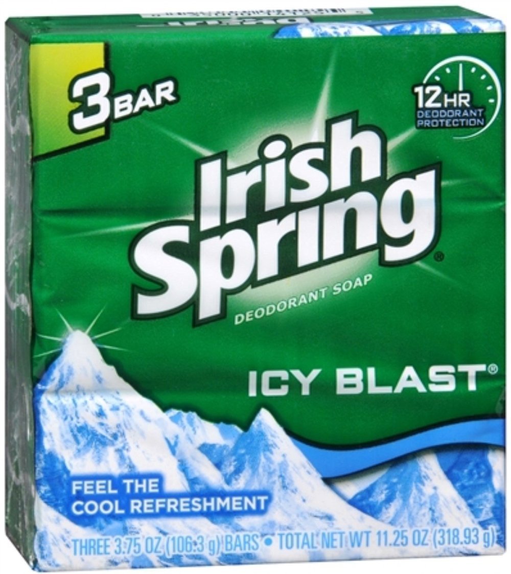 Irish Spring Icy Blast front packaging showing two-pack and six bars, fresh supply benefit