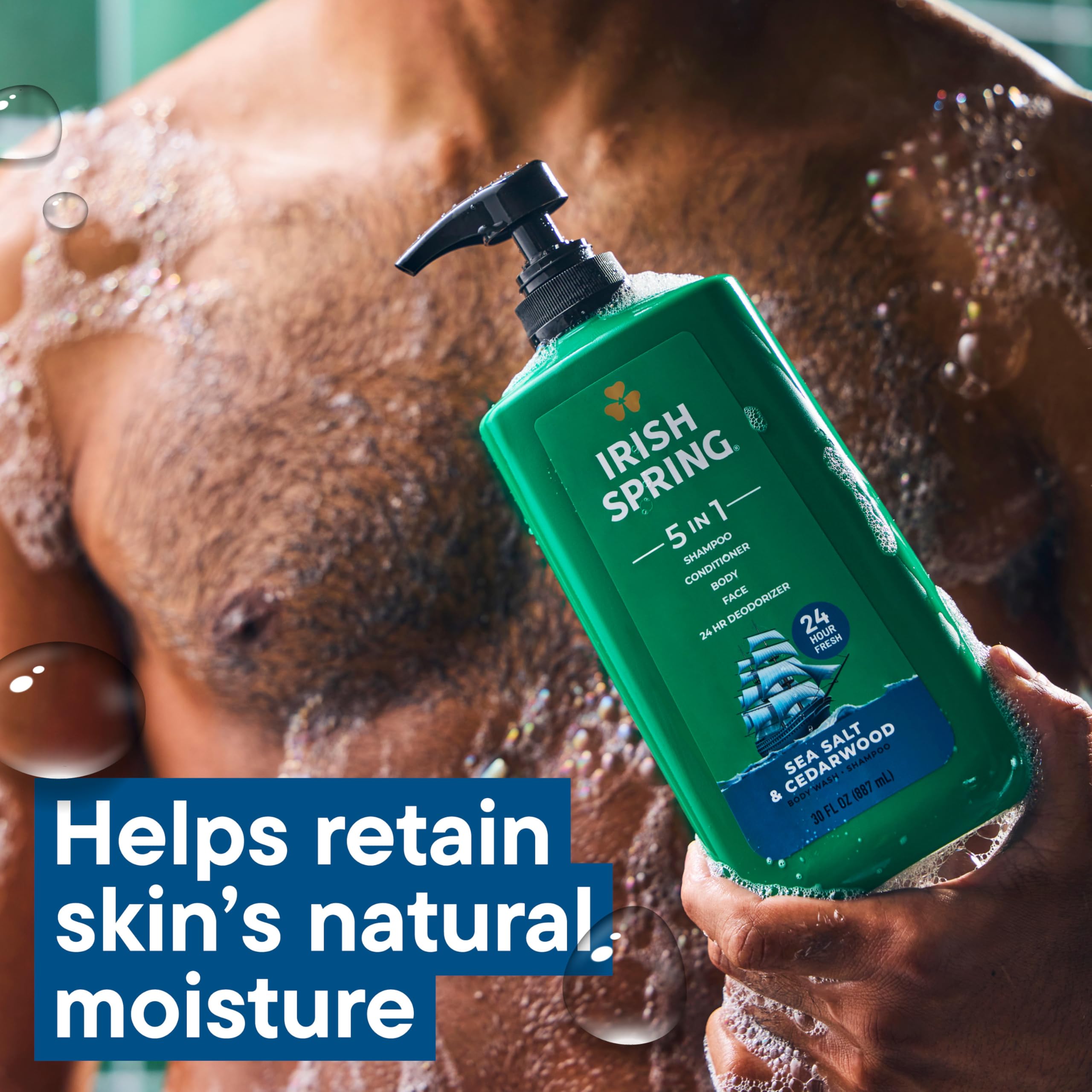 Irish Spring in-shower use by man showing all-in-one convenience for hair, face and body