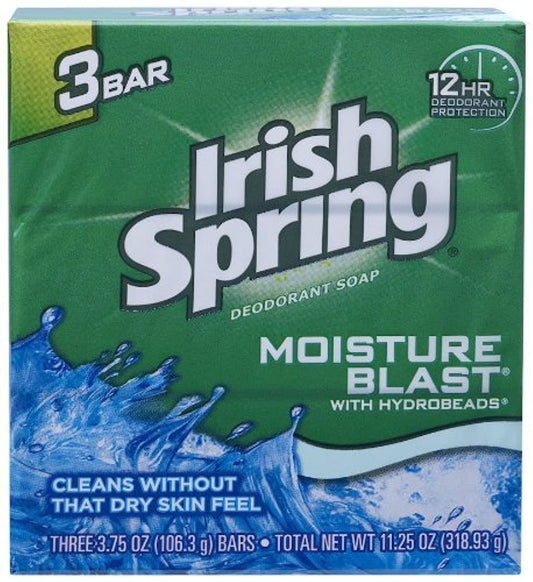 Irish Spring front packaging showing three soap bars and refreshing scent benefit