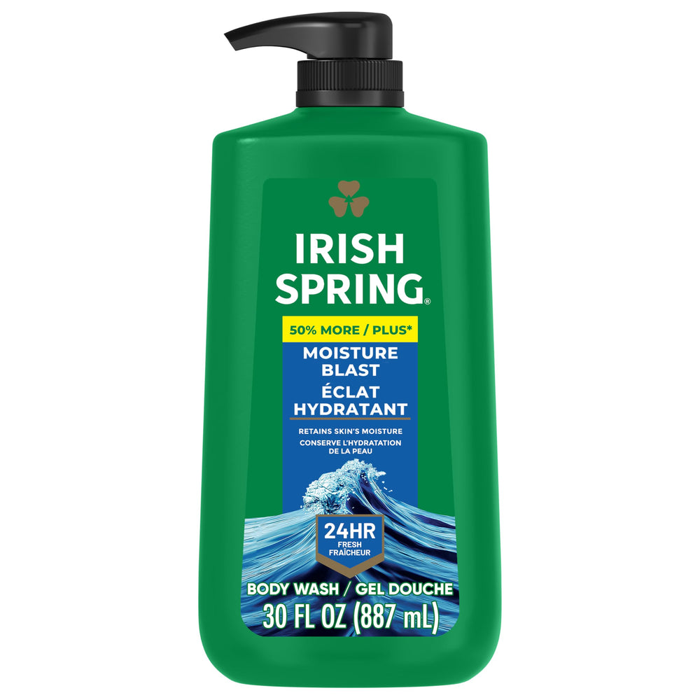 Irish Spring front pump bottle showing label and easy dispensing benefit