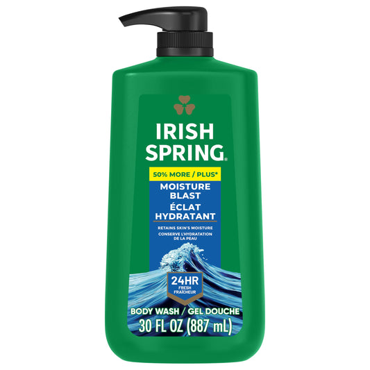 Irish Spring front pump bottle showing label and easy dispensing benefit