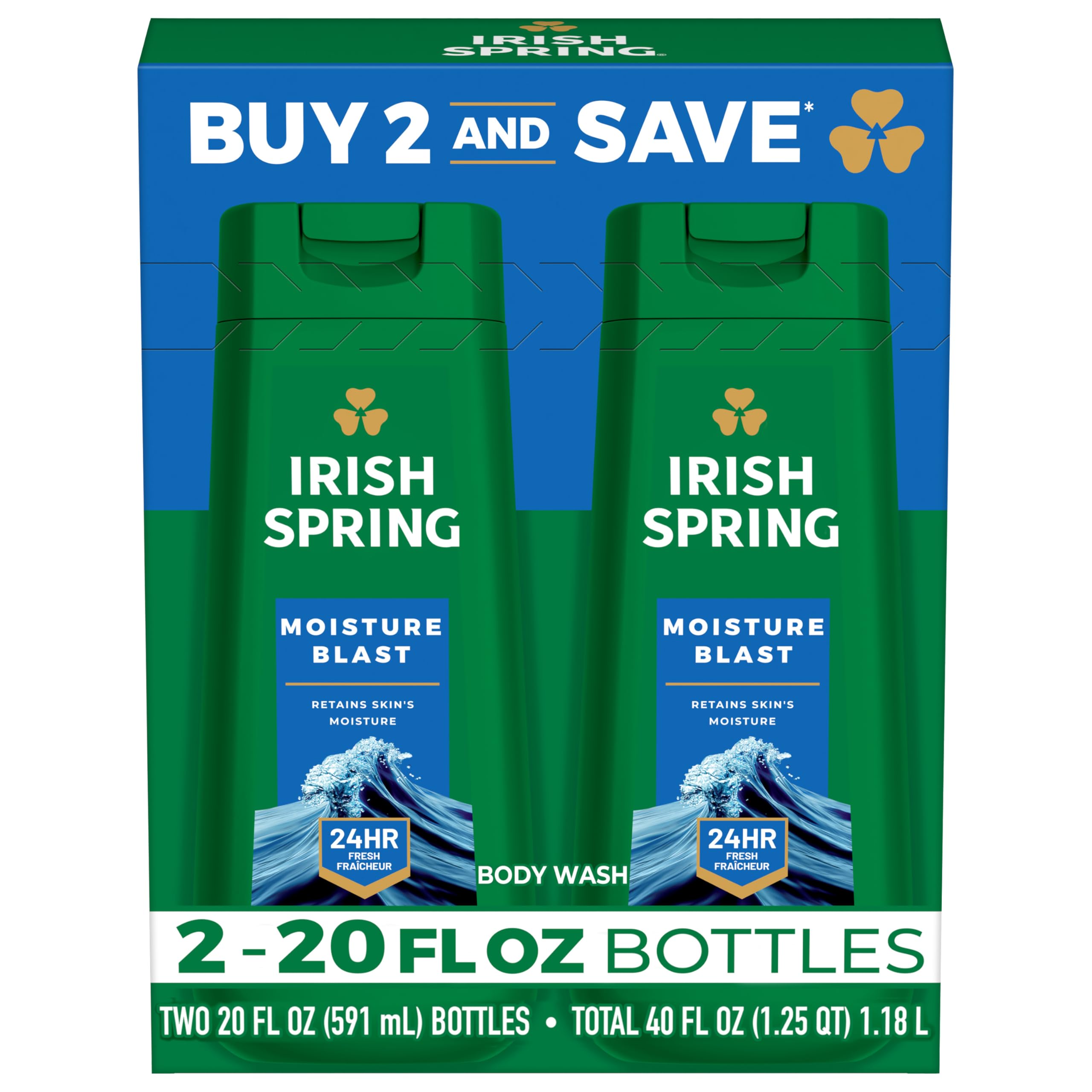 Irish Spring bottle front view showing label and volume, highlighting freshness