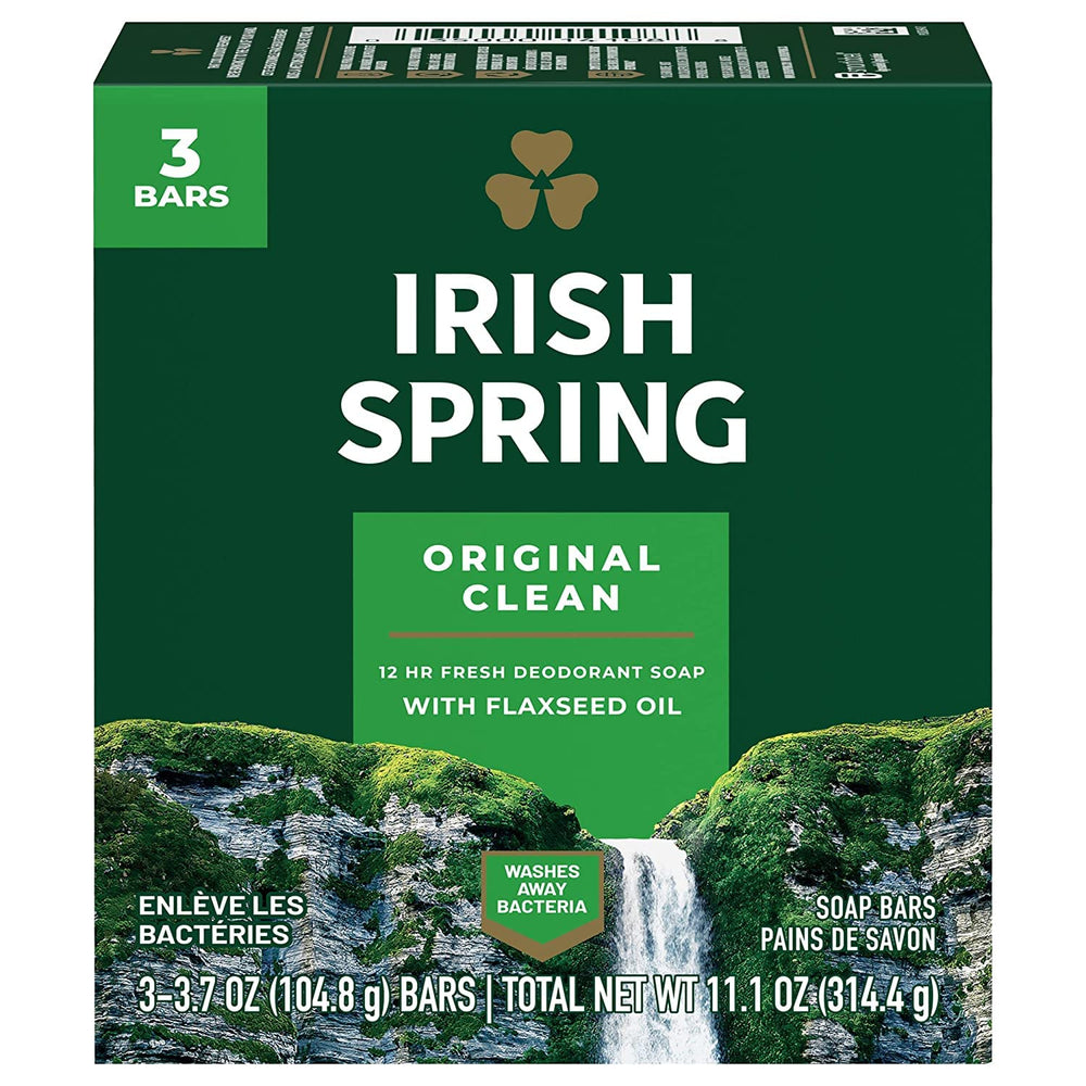 Irish Spring front packaging showing six deodorant bars and clear supply benefit