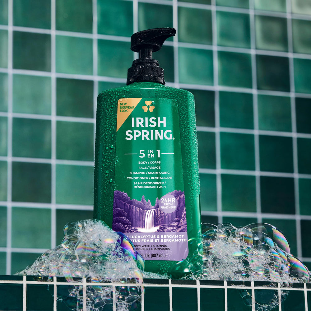 Irish Spring pour showing rich lather and deep-cleaning benefit